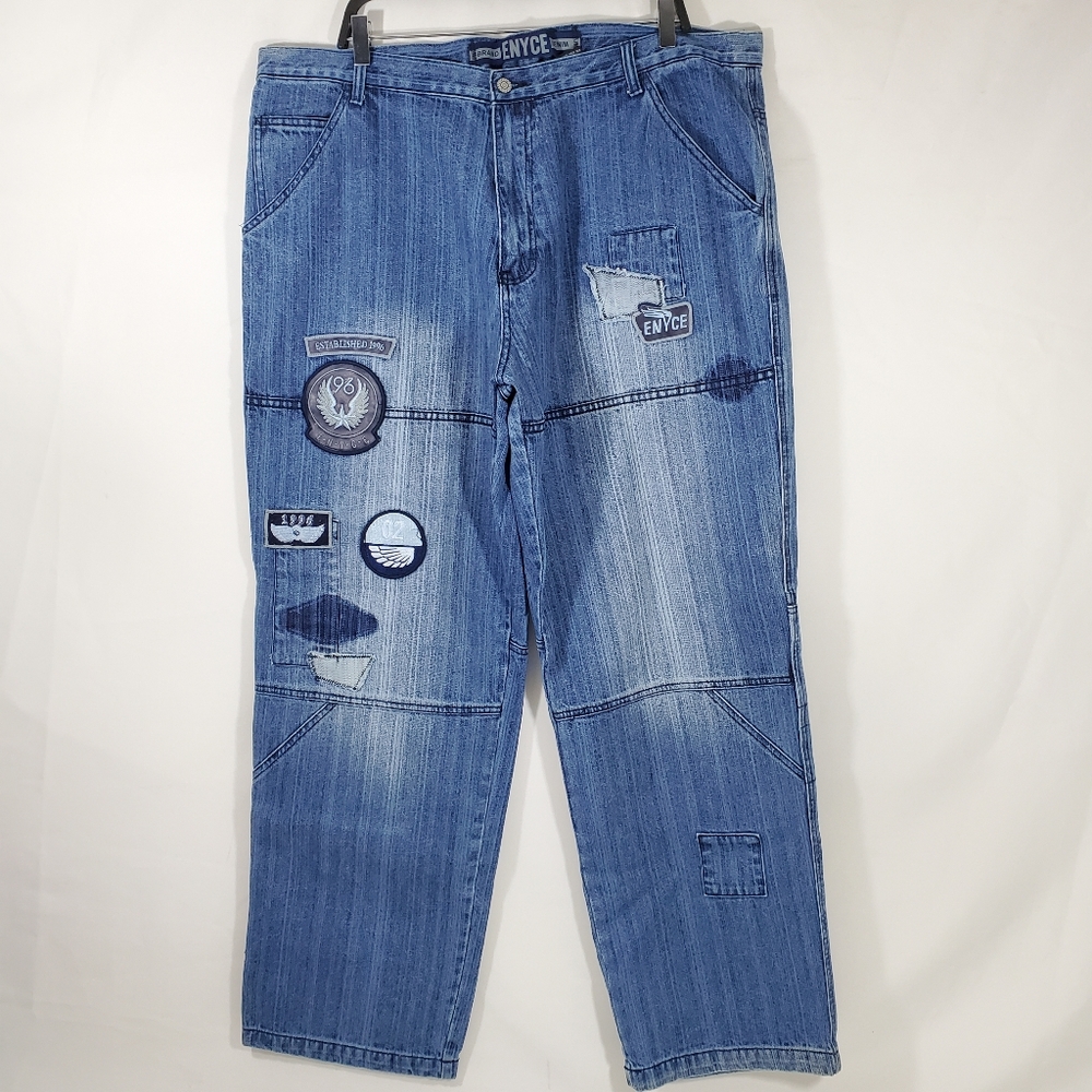 NOS Vintage Enyce Denim Blue Jeans 42 x 34 Blue Ethnic Baggy, Patches, Hip Hop